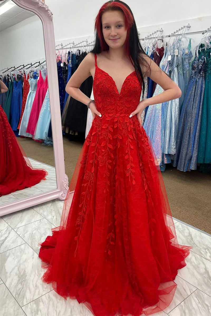 red tulle v neck backless lace a line prom dresses long formal dresses