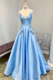 a line v neck sky blue satin long prom dresses with beading pocket