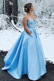a line v neck sky blue satin long prom dresses with beading pocket