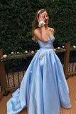 a line v neck sky blue satin long prom dresses with beading pocket