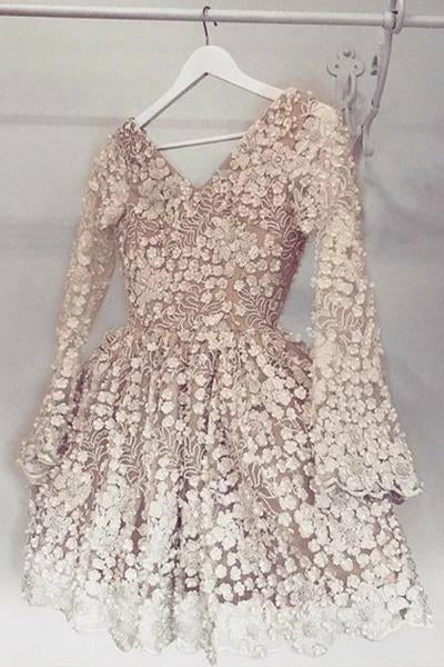 long sleeves v neck homecoming dress cute a line appliques short prom dress