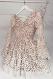 Long Sleeves V Neck Homecoming Dress, Cute A Line Appliques Short Prom Dress GM398