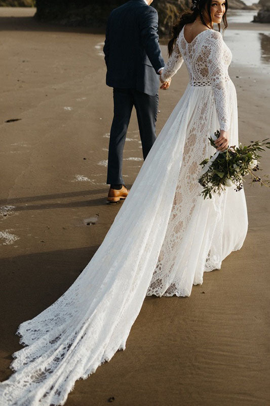 long sleeves lace beach wedding dress a line v neck plus size bridal gown