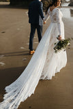 long sleeves lace beach wedding dress a line v neck plus size bridal gown