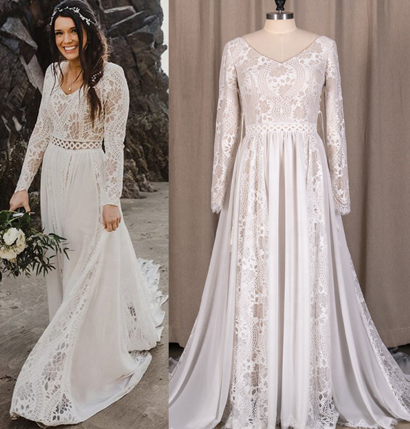 long sleeves lace beach wedding dress a line v neck plus size bridal gown