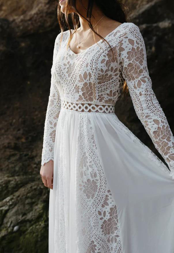 long sleeves lace beach wedding dress a line v neck plus size bridal gown