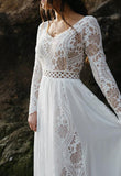 long sleeves lace beach wedding dress a line v neck plus size bridal gown