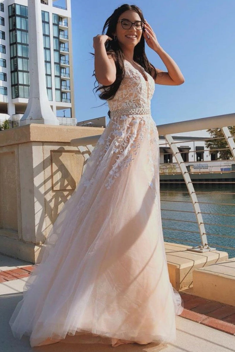 a line v neck tulle long prom dress v back with floral appliques