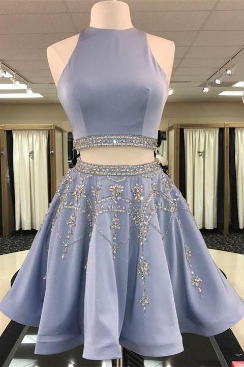 unique two pieces short party dress blue homecoming dresses with rhinestone