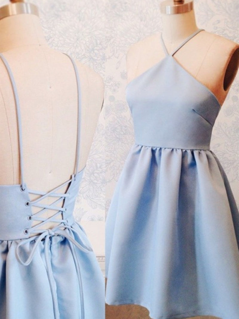 a line short blue prom dresses cute homecoming formal dresses with lace up