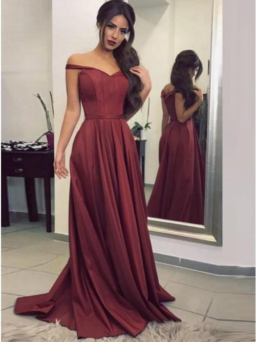simple satin burgundy long prom dress a line formal evening gown