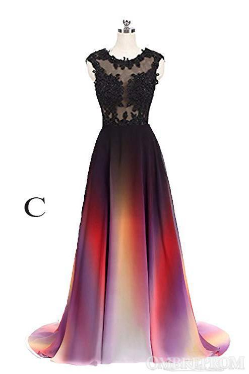 round neck lace applique top chiffon black red ombre prom formal dresses