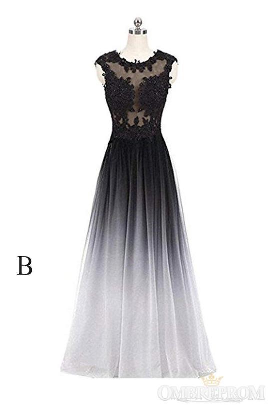 round neck lace applique top chiffon black red ombre prom formal dresses