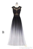 round neck lace applique top chiffon black red ombre prom formal dresses