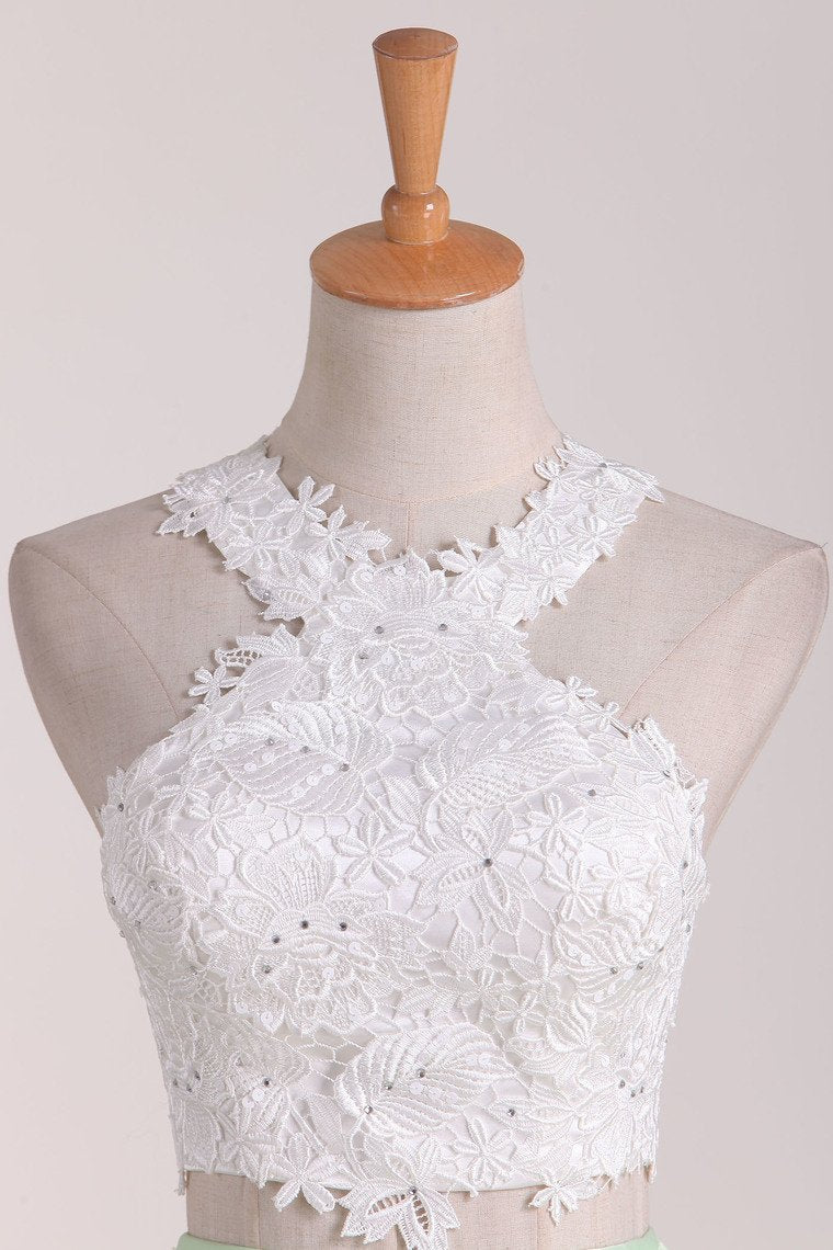a line satin lace applique two piece scoop short prom homecoming dress