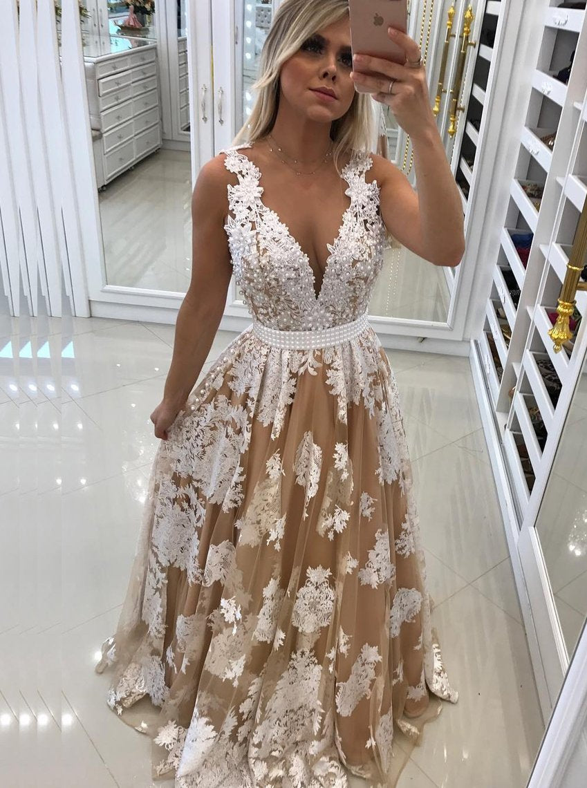 a line tulle illusion back lace appliques long prom dress with pearls