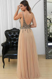 a line tulle v neck beaded bodice backless prom evening dress
