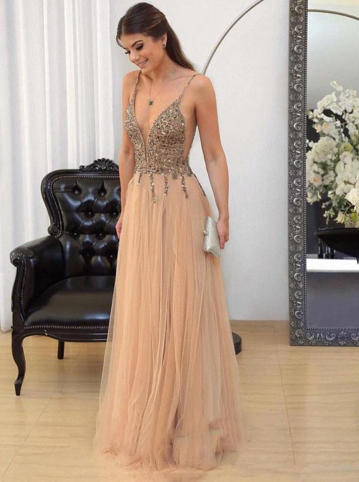 a line tulle v neck beaded bodice backless prom evening dress