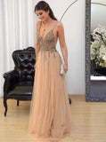 A Line Tulle V-neck Beaded Bodice Backless Prom Evening Dress MP929