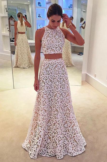 a line two piece lace long prom dress round neck floor length