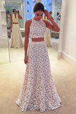 a line two piece lace long prom dress round neck floor length
