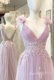 a line v neck pink long prom dress with lace applique tulle long formal gown