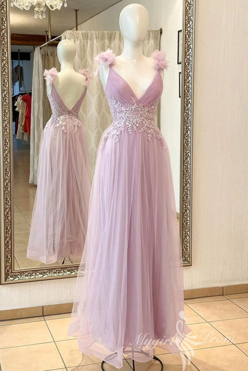a line v neck pink long prom dress with lace applique tulle long formal gown