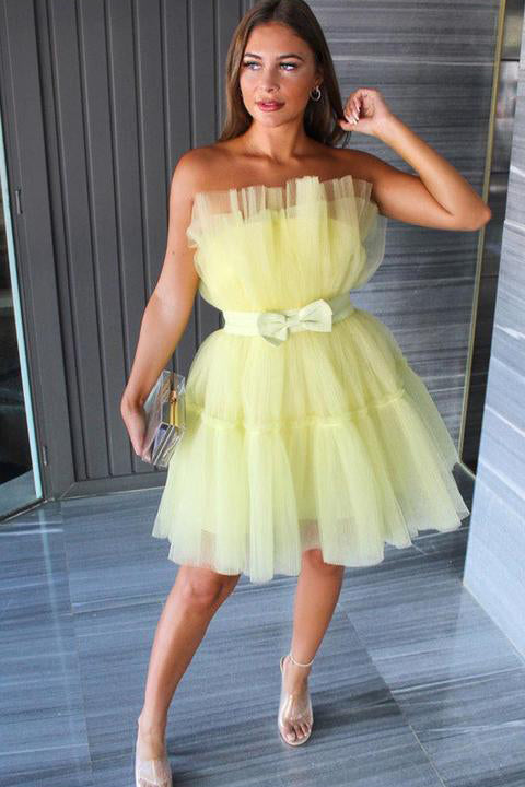 simple a line yellow tulle strapless short prom dress homecoming dresses