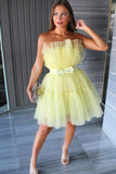 Simple A line Yellow Tulle Strapless Short Prom Dress, Homecoming Dresses GM518