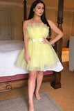 simple a line yellow tulle strapless short prom dress homecoming dresses
