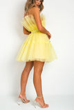 simple a line yellow tulle strapless short prom dress homecoming dresses
