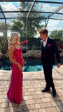 simple spaghetti straps ruched sleeveless hot pink mermaid prom dresses