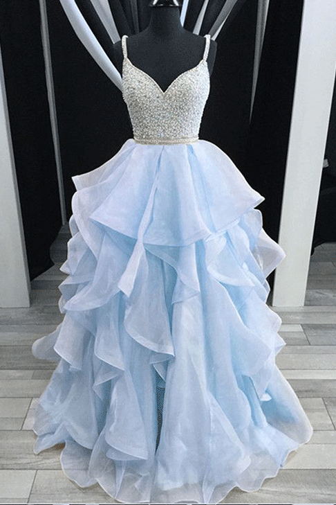 baby blue long prom dresses backless spaghetti formal dresses beading