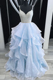 baby blue long prom dresses backless spaghetti formal dresses beading