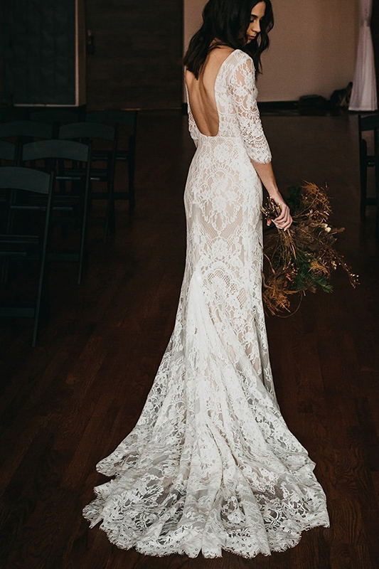 3 4 sleeve romantic mermaid wedding dress lace boho bridal gown