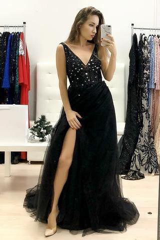 backless black long prom dress sequins beaded a line v neck tulle with split