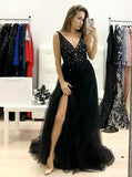 backless black long prom dress sequins beaded a line v neck tulle with split