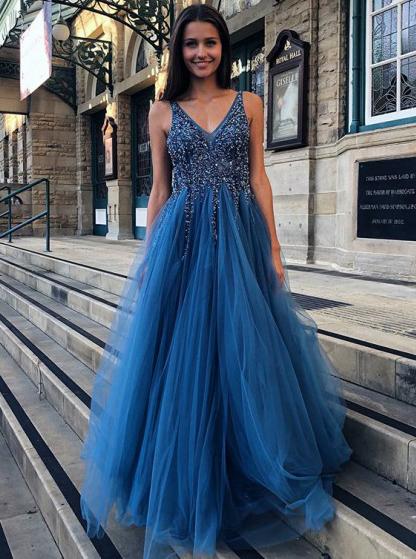 backless blue a line v neck tulle long prom dress with beading