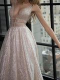 sparkly a line sequins plunging neckline backless long prom dress