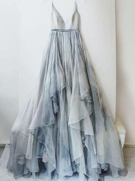 backless spaghetti straps v neck printed ombre ruffles chiffon long prom dress