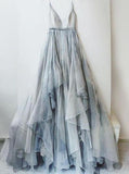 Backless Spaghetti Straps V-neck Printed Ombre Ruffles Chiffon Long Prom Dress MP962