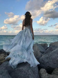 backless spaghetti straps v neck printed ombre ruffles chiffon long prom dress