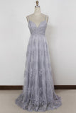 A-line V-neck Backless Tulle Grey Long Prom Dresses with Appliques MP799