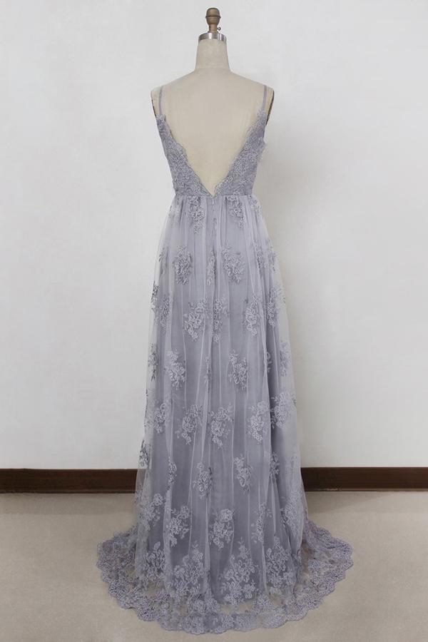 a line v neck backless tulle grey long prom dresses with appliques