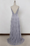 a line v neck backless tulle grey long prom dresses with appliques