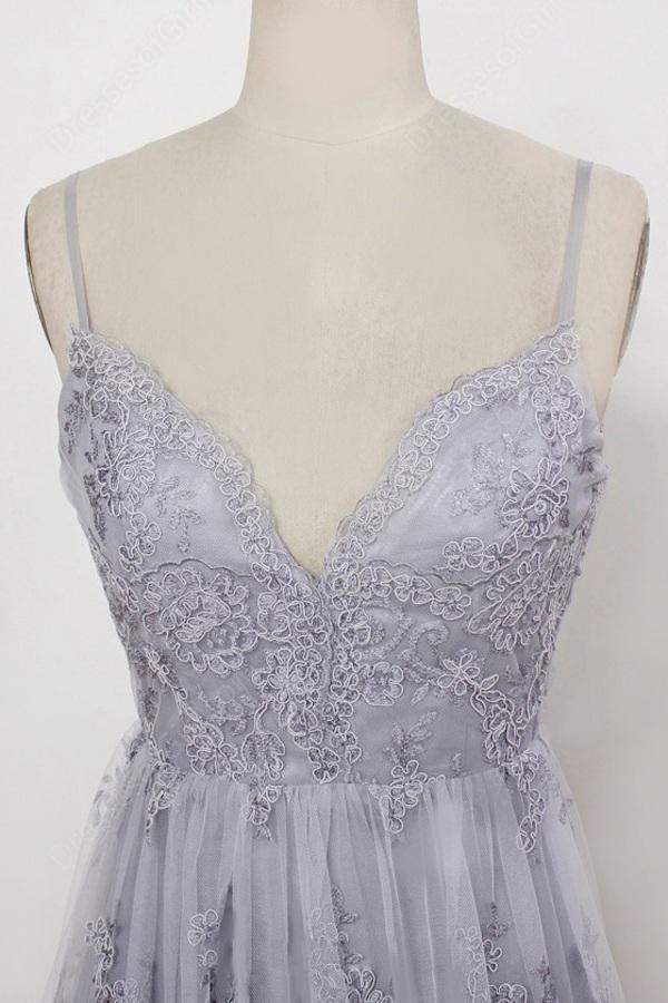 a line v neck backless tulle grey long prom dresses with appliques