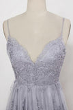 a line v neck backless tulle grey long prom dresses with appliques