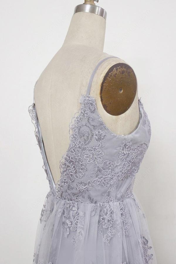 a line v neck backless tulle grey long prom dresses with appliques