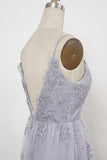 a line v neck backless tulle grey long prom dresses with appliques