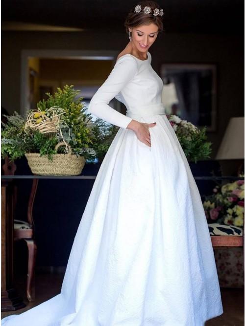 backless wedding dress a line bateau long sleeves bridal gown with pocket